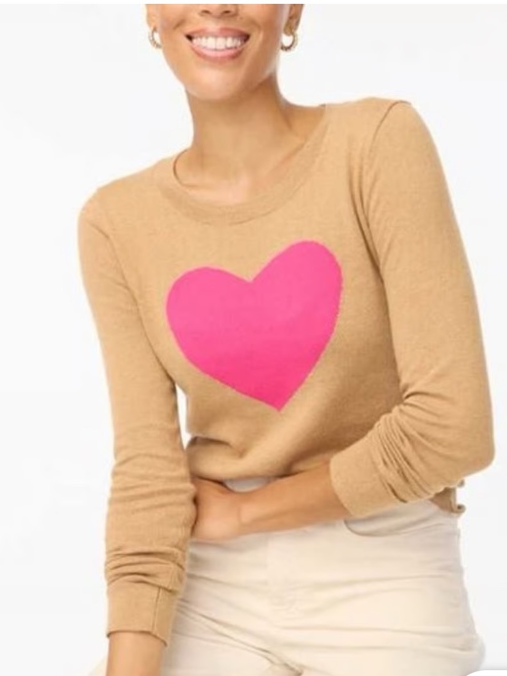 J.Crew Factory Heart Teddie sweater in camel with hot pink heart